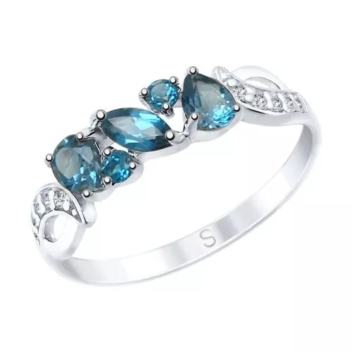 Кольцо из серебра с синими топазами и фианитами