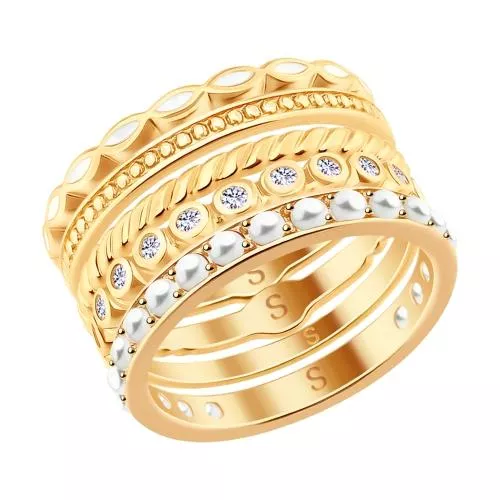 Кольцо из золочёного серебра с эмалью и жемчугом Swarovski и фианитами