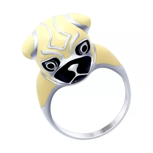 Серебряное кольцо с эмалью «Мопс»