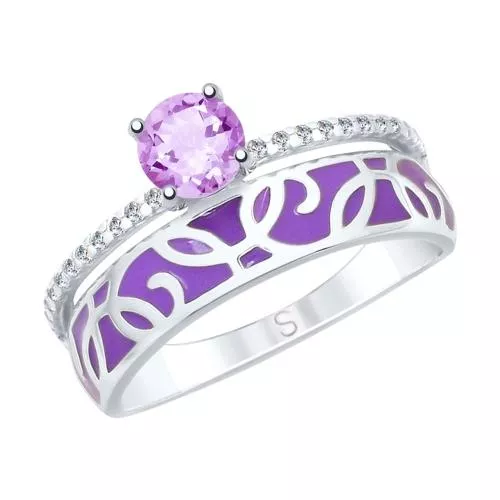 Кольцо из серебра с эмалью и аметистом и фианитами