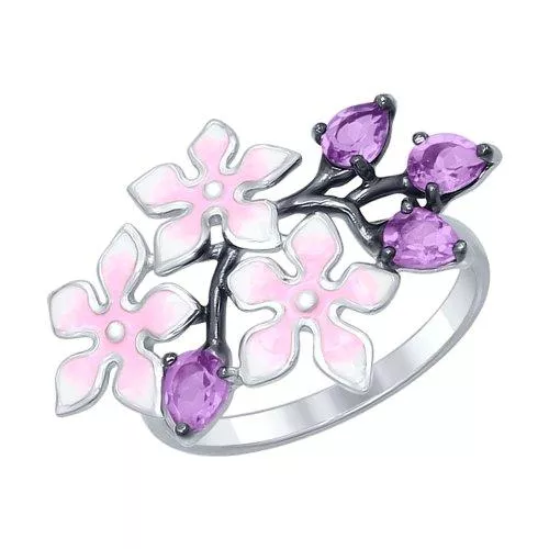 Кольцо из серебра с эмалью с аметистами