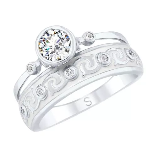 Кольцо из серебра с эмалью и горным хрусталем и фианитами