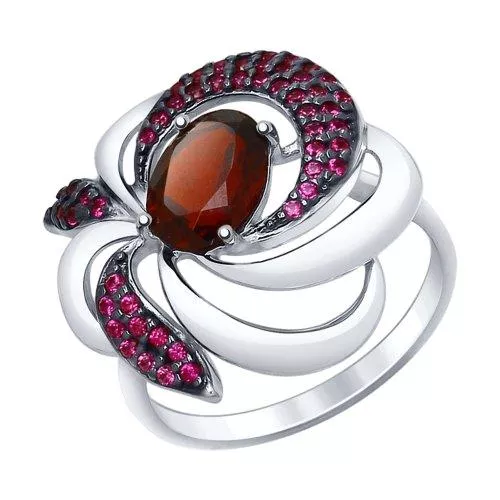 Кольцо из серебра с гранатом и красными фианитами