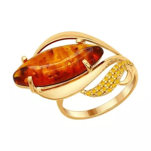 Кольцо из золочёного серебра с жёлтыми фианитами и янтарём (пресс.)