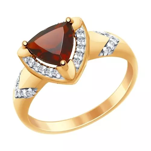 Кольцо из золочёного серебра с гранатом и фианитами