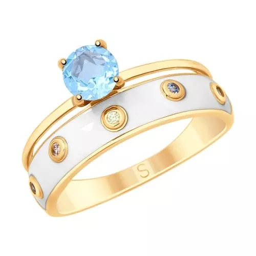 Кольцо из золочёного серебра с эмалью и топазом и фианитами