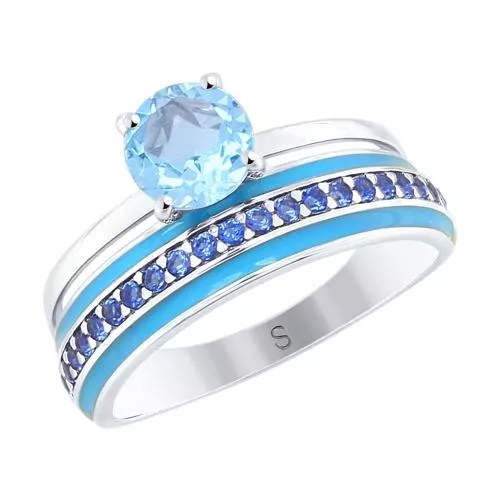 Кольцо из серебра с эмалью и топазом и фианитами