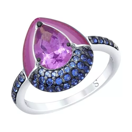 Кольцо из серебра с эмалью и сиреневым ситаллом и фианитами