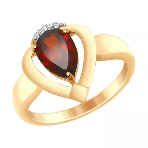 Кольцо из золочёного серебра с гранатом и фианитами