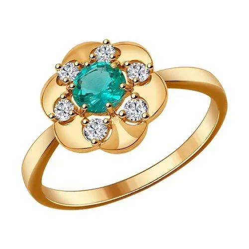 Кольцо из золочёного серебра с гидротермальным изумрудом (синт.) и фианитами