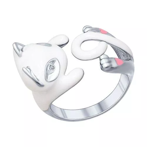 Кольцо в виде белой кошки из серебра