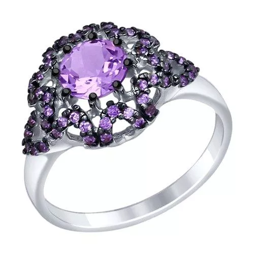 Кольцо из серебра с аметистом и сиреневыми фианитами