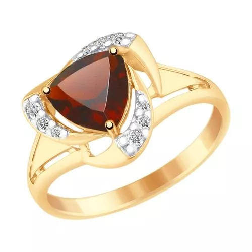 Кольцо из золочёного серебра с гранатом и фианитами