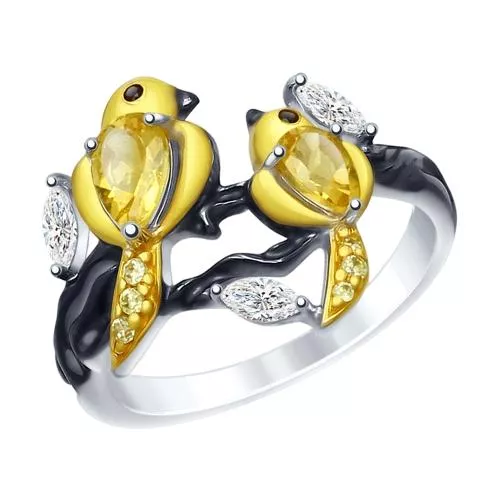 Кольцо «Птички» с цитринами и фианитами