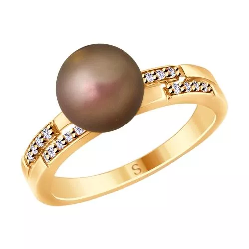 Кольцо из золочёного серебра с коричневым жемчугом Swarovski и фианитами