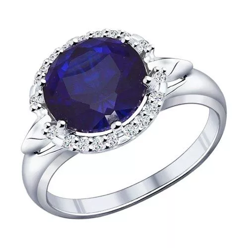 Кольцо из серебра с корундом сапфировым (синт.) и фианитами