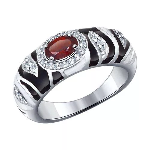 Кольцо из серебра с эмалью с гранатом и фианитами
