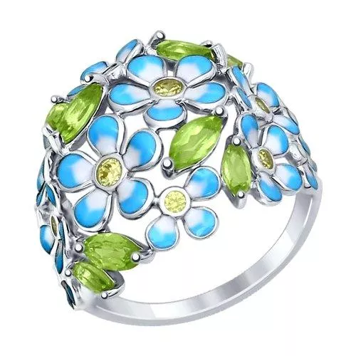 Кольцо из серебра с эмалью с хризолитами и жёлтыми фианитами
