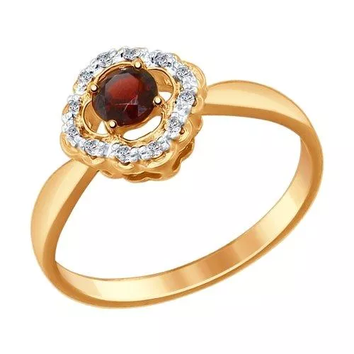 Кольцо из золочёного серебра с гранатом и фианитами