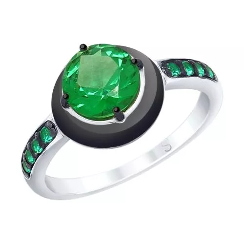 Кольцо из серебра с эмалью с зелёным ситаллом и зелеными фианитами