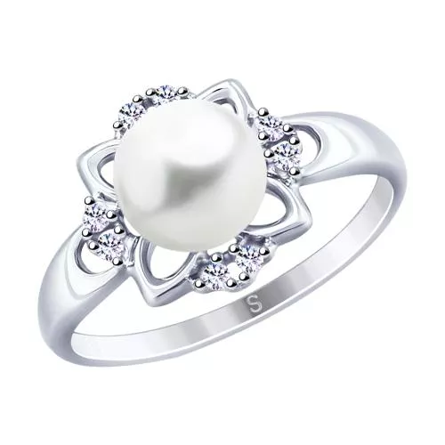 Кольцо из серебра с жемчугом и фианитами