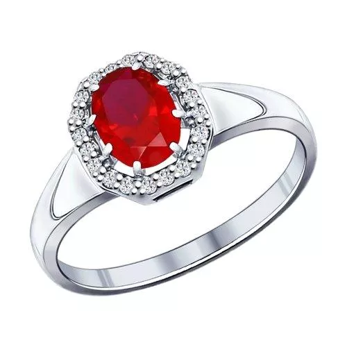Кольцо из серебра с корундом рубиновым (синт.) и фианитами