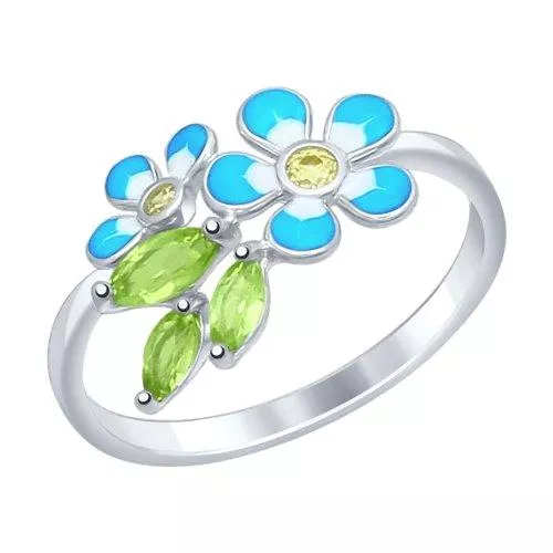 Кольцо из серебра с эмалью с хризолитами и жёлтыми фианитами