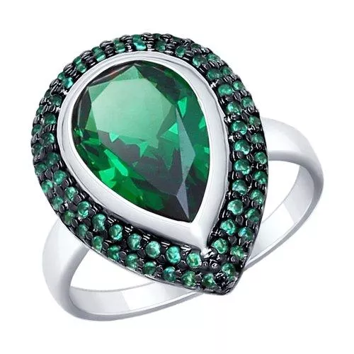 Кольцо из серебра с зелёным ситаллом и фианитами