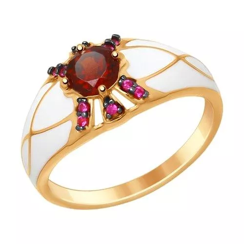 Кольцо из золочёного серебра с эмалью с гранатом и красными фианитами