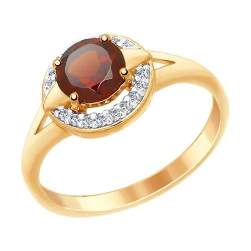 Кольцо из золочёного серебра с гранатом и фианитами