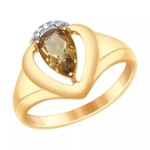 Кольцо из золочёного серебра с раухтопазом и фианитами