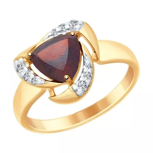 Кольцо из золочёного серебра с гранатом и фианитами
