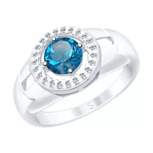 Кольцо из серебра с синим топазом и фианитами