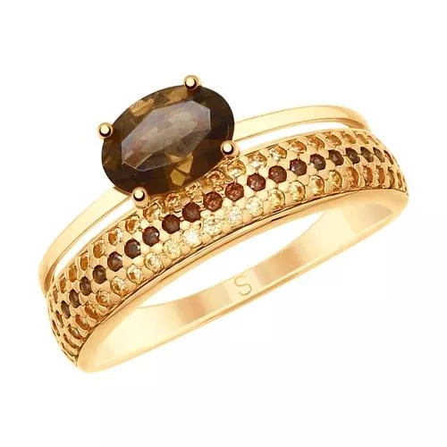 Кольцо из золочёного серебра с раухтопазом и фианитами