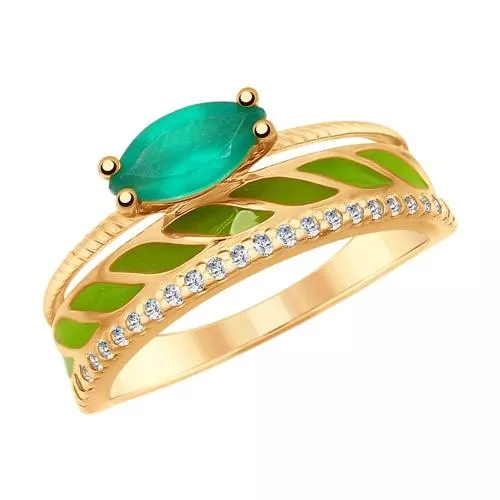 Кольцо из золочёного серебра с эмалью и агатом и фианитами