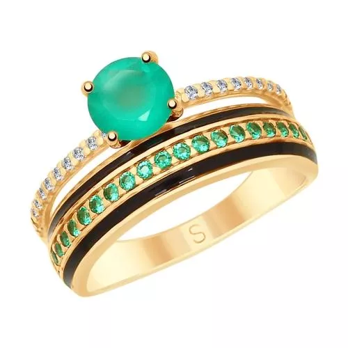 Кольцо из золочёного серебра с эмалью и агатом и фианитами