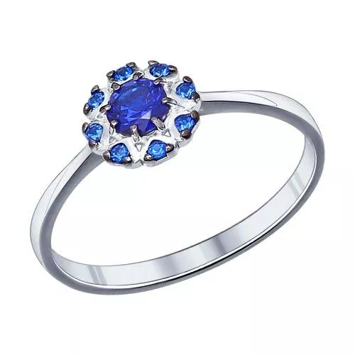 Кольцо из серебра с корундом сапфировым (синт.) и фианитами