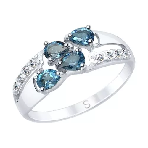 Кольцо из серебра с синими топазами и фианитами