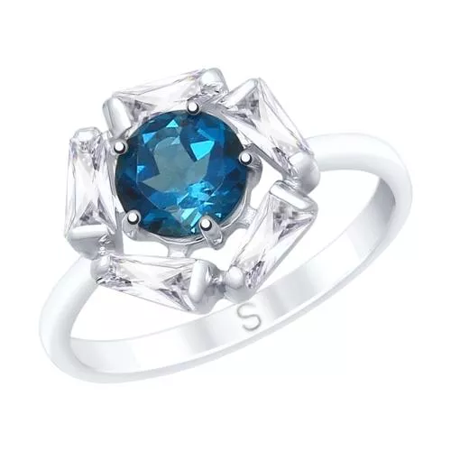 Кольцо из серебра с синим топазом и фианитами