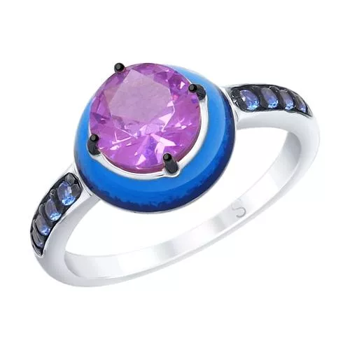 Кольцо из серебра с эмалью с сиреневым ситаллом и синими фианитами