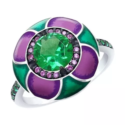 Кольцо из серебра с эмалью с зелёным ситаллом и зелеными и сиреневыми фианитами