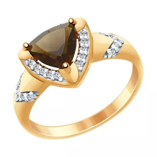 Кольцо из золочёного серебра с раухтопазом и фианитами