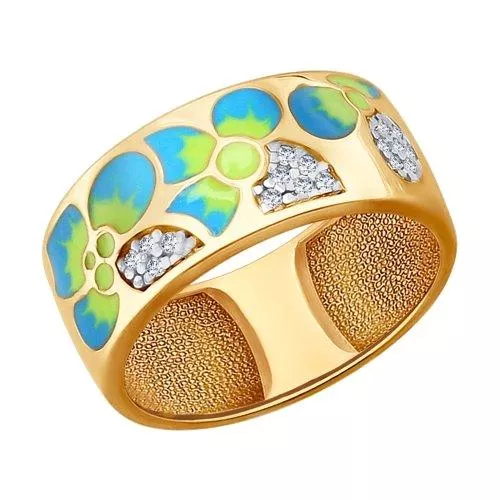 Кольцо из золочёного серебра с эмалью с фианитами