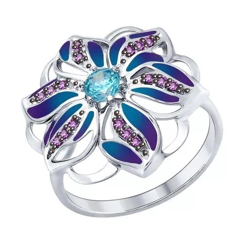 Кольцо из серебра с эмалью с зелёным и сиреневыми фианитами