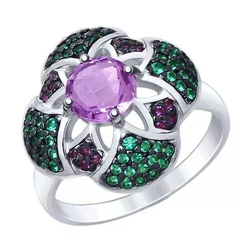 Кольцо из серебра с аметистом и зелеными и сиреневыми фианитами