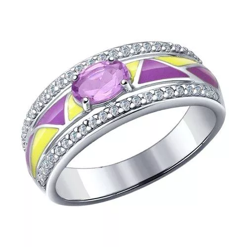 Кольцо из серебра с эмалью с аметистом и фианитами