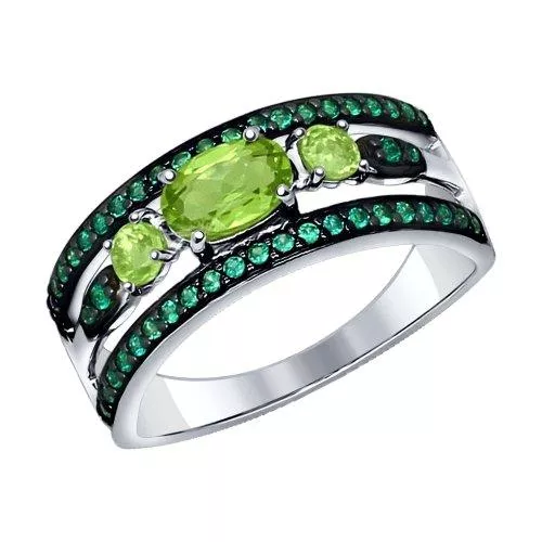 Кольцо из серебра с хризолитами и зелеными фианитами