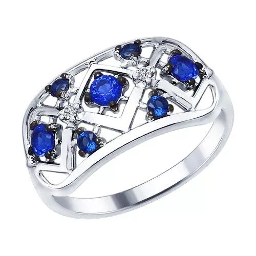 Кольцо из серебра с бесцветными и синими фианитами