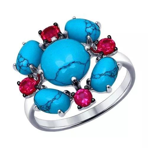 Кольцо из серебра с бирюзой (синт.) и красными фианитами