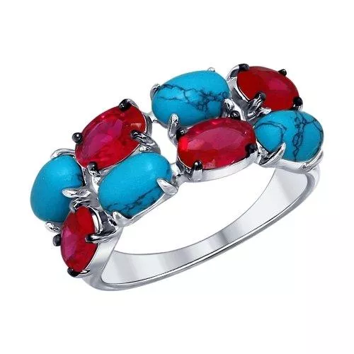 Кольцо из серебра с бирюзой (синт.) и красными фианитами
